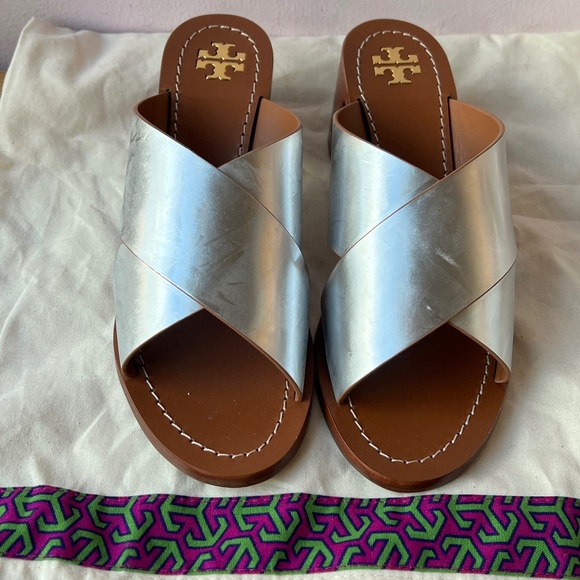 Tory Burch Shoes - TORY BURCH SILVER METALLIC MONTROSE STACKED BLOCK HEEL SLIDE SANDALS BRAND NEW